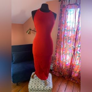 Ribbed Cotton Backless Red  Midi Dress